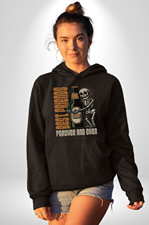Sonsuza Kadar En İyi Arkadaşım Beer İskelet Erkek Kadın Siyah Dijital Baskılı Kapüşonlu Sweatshirt Hoodie