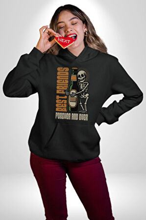 Sonsuza Kadar En İyi Arkadaşım Beer İskelet Erkek Kadın Siyah Dijital Baskılı Kapüşonlu Sweatshirt Hoodie