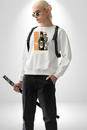 Sonsuza Kadar En İyi Arkadaşım Beer İskelet Erkek Kadın Unisex Dijital Baskılı Beyaz Sweatshirt