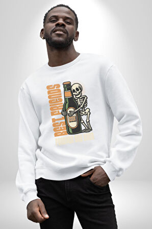 Sonsuza Kadar En İyi Arkadaşım Beer İskelet Erkek Kadın Unisex Dijital Baskılı Beyaz Sweatshirt