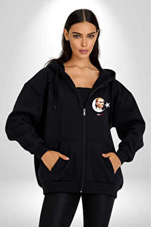 Ay Yıldız Atatürk 10 Kasım Sonsuza Kadar Erkek Kadın Siyah Fermuarlı Baskılı Hırka Sweatshirt