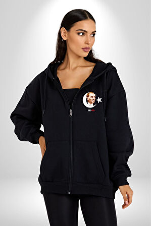 Ay Yıldız Atatürk 10 Kasım Sonsuza Kadar Erkek Kadın Siyah Fermuarlı Baskılı Hırka Sweatshirt