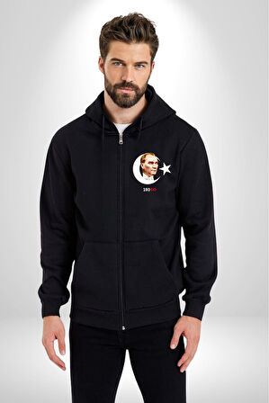 Ay Yıldız Atatürk 10 Kasım Sonsuza Kadar Erkek Kadın Siyah Fermuarlı Baskılı Hırka Sweatshirt