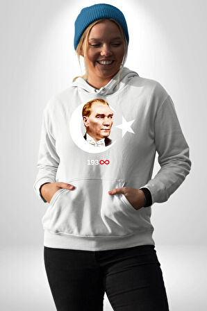 Ay Yıldız Atatürk 10 Kasım Sonsuza Kadar Erkek Kadın Beyaz Dijital Baskılı Kapüşonlu Sweatshirt Hoodie