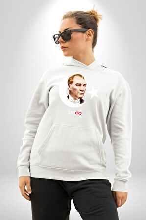 Ay Yıldız Atatürk 10 Kasım Sonsuza Kadar Erkek Kadın Beyaz Dijital Baskılı Kapüşonlu Sweatshirt Hoodie