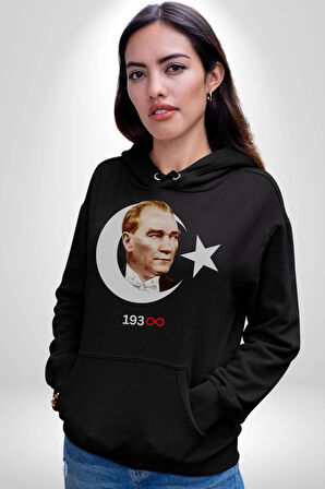 Ay Yıldız Atatürk 10 Kasım Sonsuza Kadar Erkek Kadın Siyah Dijital Baskılı Kapüşonlu Sweatshirt Hoodie