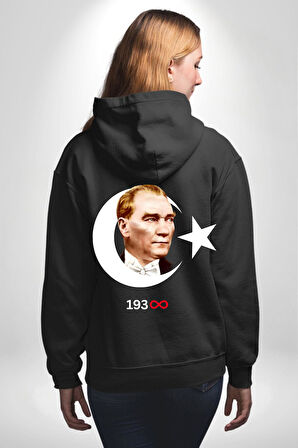 Ay Yıldız Atatürk 10 Kasım Sonsuza Kadar Erkek Kadın Siyah Ön Sırt Baskılı Kapüşonlu Sweatshirt Hoodie