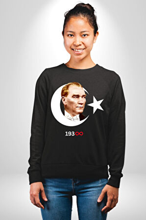 Ay Yıldız Atatürk 10 Kasım Sonsuza Kadar Erkek Kadın Unisex Dijital Baskılı Siyah Sweatshirt