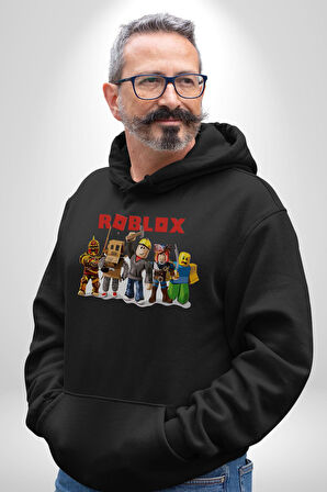 Roblox Karakter Tasarımı Oyun Severlere Özel Erkek Kadın Siyah Dijital Baskılı Kapüşonlu Sweatshirt Hoodie