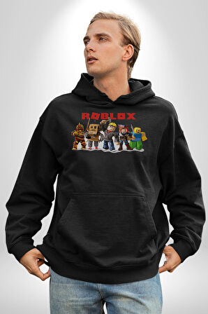 Roblox Karakter Tasarımı Oyun Severlere Özel Erkek Kadın Siyah Dijital Baskılı Kapüşonlu Sweatshirt Hoodie