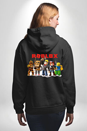 Roblox Karakter Tasarımı Oyun Severlere Özel Erkek Kadın Siyah Ön Sırt Baskılı Kapüşonlu Sweatshirt Hoodie