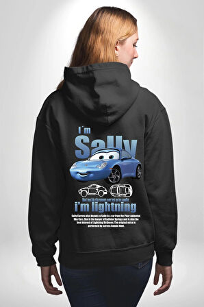 Arabalar Çizgi Film Sally The Car Sevgili Erkek Kadın Siyah Ön Sırt Baskılı Kapüşonlu Sweatshirt Hoodie
