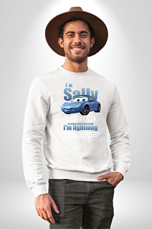 Arabalar Çizgi Film Sally The Car Sevgili Erkek Kadın Unisex Dijital Baskılı Beyaz Sweatshirt