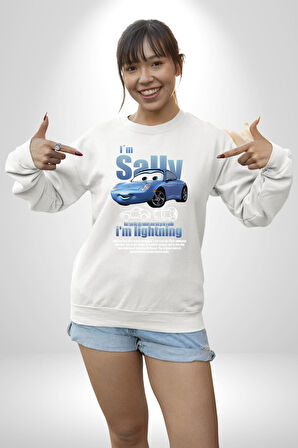 Arabalar Çizgi Film Sally The Car Sevgili Erkek Kadın Unisex Dijital Baskılı Beyaz Sweatshirt