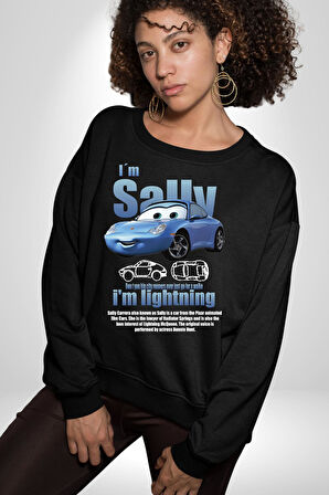 Arabalar Çizgi Film Sally The Car Sevgili Erkek Kadın Unisex Dijital Baskılı Siyah Sweatshirt