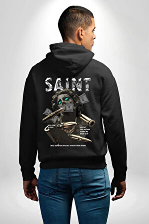 Aziz Sokak Sitili Özel Sözler Erkek Kadın Siyah Ön Sırt Baskılı Kapüşonlu Sweatshirt Hoodie