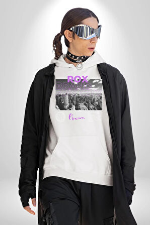 Rox Markası Şehir Tasarımı Erkek Kadın Beyaz Dijital Baskılı Kapüşonlu Sweatshirt Hoodie
