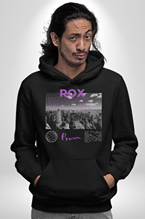 Rox Markası Şehir Tasarımı Erkek Kadın Siyah Dijital Baskılı Kapüşonlu Sweatshirt Hoodie