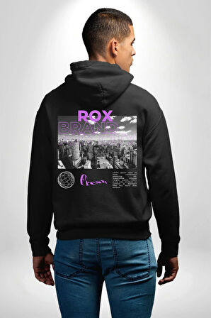 Rox Markası Şehir Tasarımı Erkek Kadın Siyah Ön Sırt Baskılı Kapüşonlu Sweatshirt Hoodie