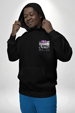 Rox Markası Şehir Tasarımı Erkek Kadın Siyah Ön Sırt Baskılı Kapüşonlu Sweatshirt Hoodie
