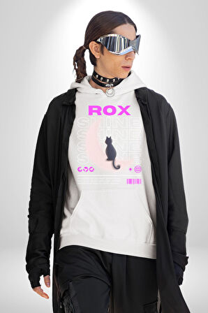Siyah Kedi Ay Rox Sokak Style Erkek Kadın Beyaz Dijital Baskılı Kapüşonlu Sweatshirt Hoodie