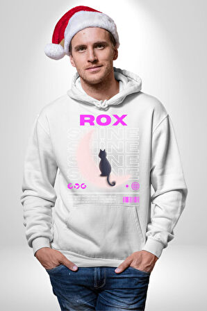 Siyah Kedi Ay Rox Sokak Style Erkek Kadın Beyaz Dijital Baskılı Kapüşonlu Sweatshirt Hoodie