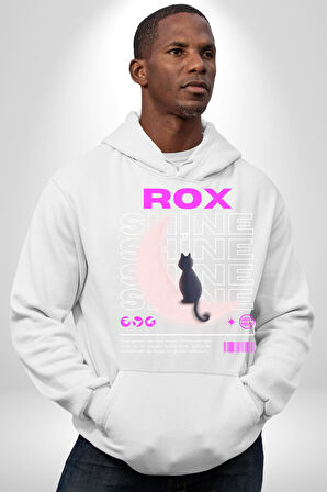 Siyah Kedi Ay Rox Sokak Style Erkek Kadın Beyaz Dijital Baskılı Kapüşonlu Sweatshirt Hoodie