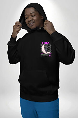 Siyah Kedi Ay Rox Sokak Style Erkek Kadın Siyah Ön Sırt Baskılı Kapüşonlu Sweatshirt Hoodie
