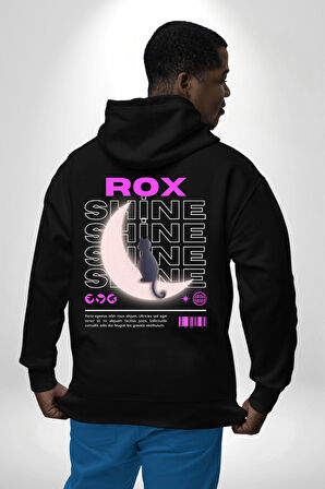 Siyah Kedi Ay Rox Sokak Style Erkek Kadın Siyah Ön Sırt Baskılı Kapüşonlu Sweatshirt Hoodie