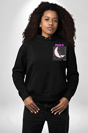 Siyah Kedi Ay Rox Sokak Style Erkek Kadın Siyah Ön Sırt Baskılı Kapüşonlu Sweatshirt Hoodie