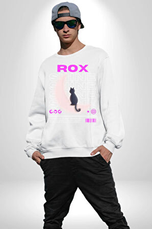 Siyah Kedi Ay Rox Sokak Style Erkek Kadın Unisex Dijital Baskılı Beyaz Sweatshirt
