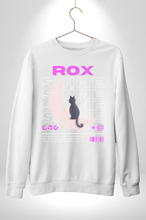 Siyah Kedi Ay Rox Sokak Style Erkek Kadın Unisex Dijital Baskılı Beyaz Sweatshirt