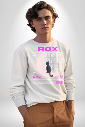 Siyah Kedi Ay Rox Sokak Style Erkek Kadın Unisex Dijital Baskılı Beyaz Sweatshirt