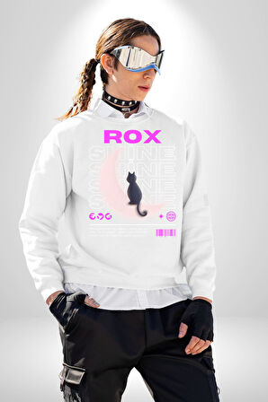 Siyah Kedi Ay Rox Sokak Style Erkek Kadın Unisex Dijital Baskılı Beyaz Sweatshirt
