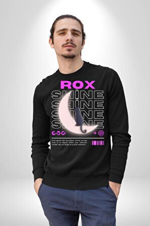 Siyah Kedi Ay Rox Sokak Style Erkek Kadın Unisex Dijital Baskılı Siyah Sweatshirt