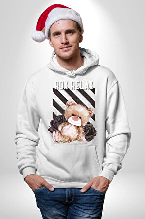 Relax Teddy Ayı Gül Erkek Kadın Beyaz Dijital Baskılı Kapüşonlu Sweatshirt Hoodie