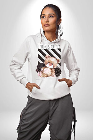 Relax Teddy Ayı Gül Erkek Kadın Beyaz Dijital Baskılı Kapüşonlu Sweatshirt Hoodie