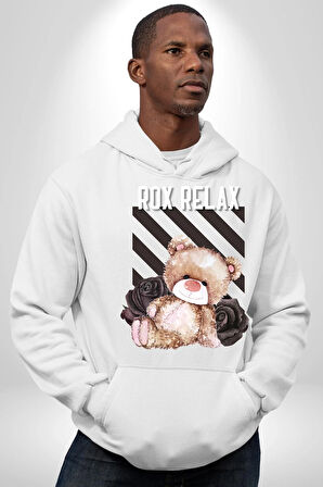 Relax Teddy Ayı Gül Erkek Kadın Beyaz Dijital Baskılı Kapüşonlu Sweatshirt Hoodie