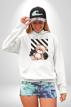 Relax Teddy Ayı Gül Erkek Kadın Beyaz Dijital Baskılı Kapüşonlu Sweatshirt Hoodie