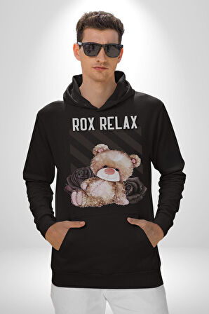 Relax Teddy Ayı Gül Erkek Kadın Siyah Dijital Baskılı Kapüşonlu Sweatshirt Hoodie
