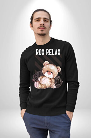 Relax Teddy Ayı Gül Erkek Kadın Unisex Dijital Baskılı Siyah Sweatshirt