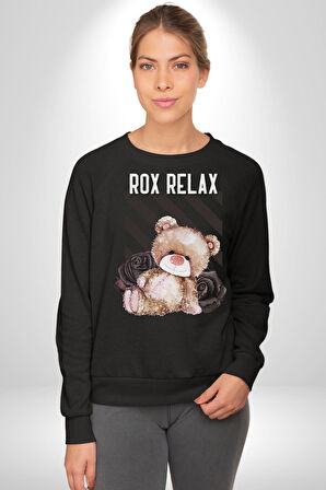 Relax Teddy Ayı Gül Erkek Kadın Unisex Dijital Baskılı Siyah Sweatshirt