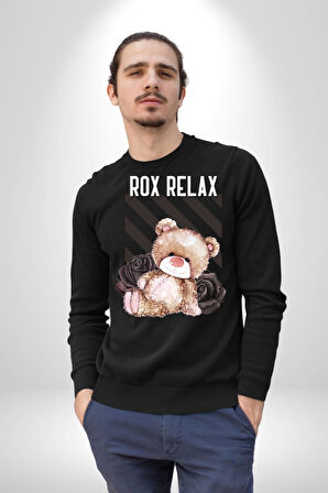 Relax Teddy Ayı Gül Erkek Kadın Unisex Dijital Baskılı Siyah Sweatshirt