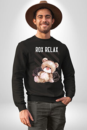 Relax Teddy Ayı Gül Erkek Kadın Unisex Dijital Baskılı Siyah Sweatshirt