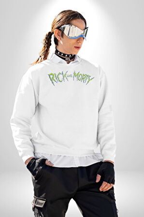 Rick And Morty Çizgi Film Erkek Kadın Unisex Dijital Baskılı Beyaz Sweatshirt