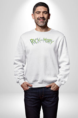 Rick And Morty Çizgi Film Erkek Kadın Unisex Dijital Baskılı Beyaz Sweatshirt
