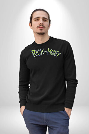 Rick And Morty Çizgi Film Erkek Kadın Unisex Dijital Baskılı Siyah Sweatshirt