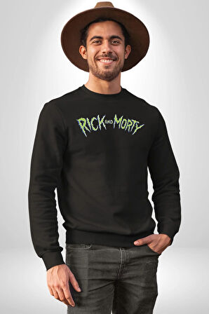 Rick And Morty Çizgi Film Erkek Kadın Unisex Dijital Baskılı Siyah Sweatshirt