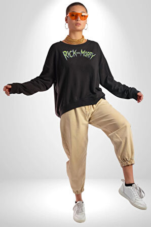 Rick And Morty Çizgi Film Erkek Kadın Unisex Dijital Baskılı Siyah Sweatshirt
