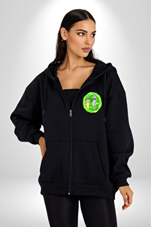 Rick And Morty Portal Çizgi Film Erkek Kadın Siyah Fermuarlı Baskılı Hırka Sweatshirt